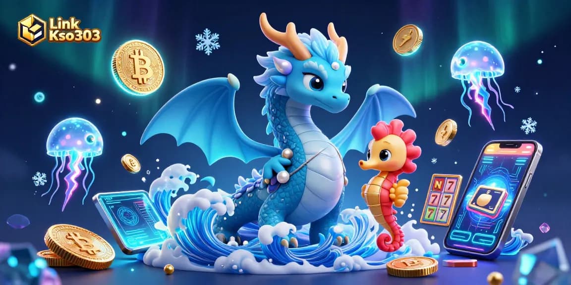Link Kso303 mempersembahkan ilustrasi slot yang menarik dengan naga air dan kuda laut, dikelilingi koin crypto.