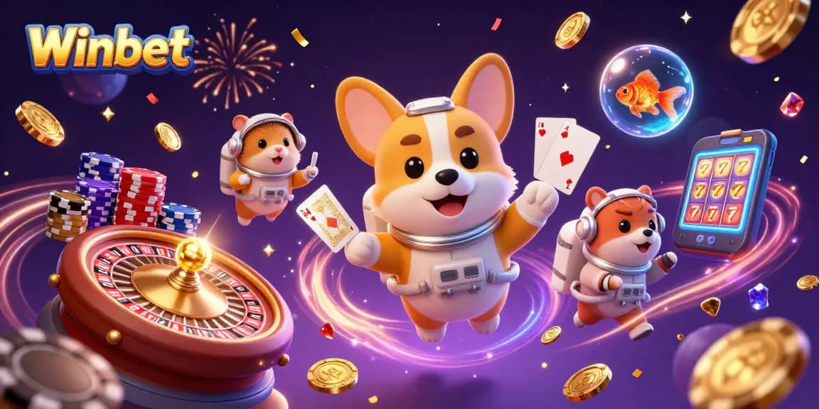 Winbet casino with a 3D astronaut corgi exploring a vibrant space station casino filled with gold coins and poker chips.