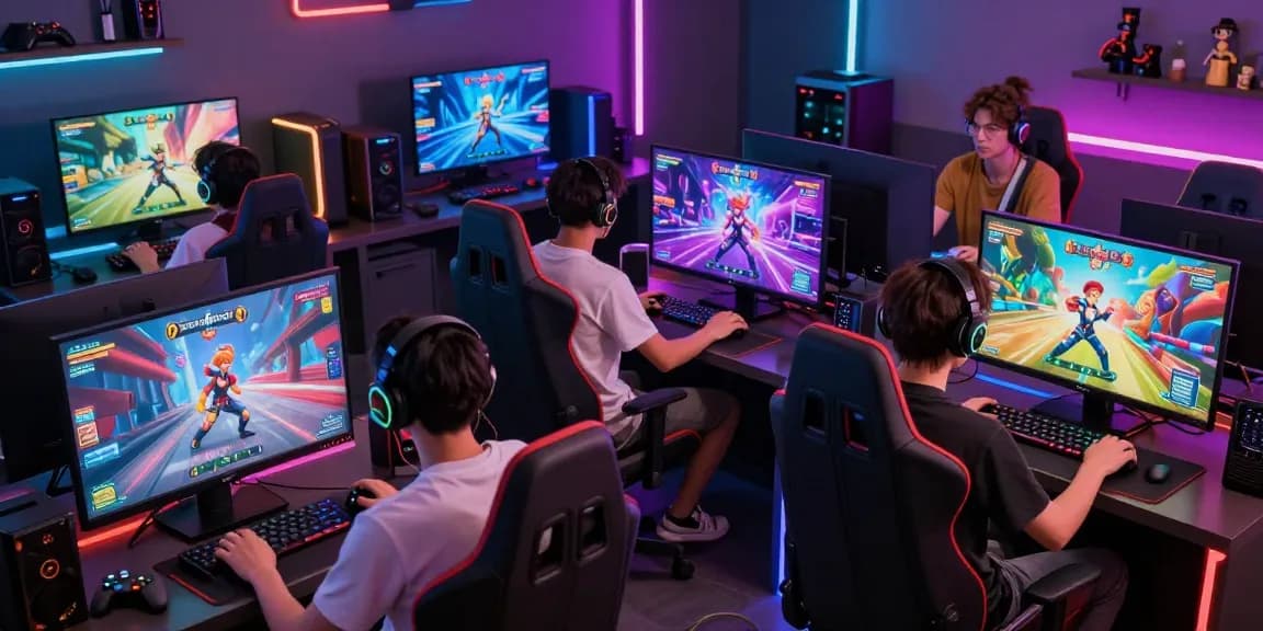 Players engaged in a 3D hentai game, showcasing vibrant graphics and interactive gameplay in a modern gaming hub.