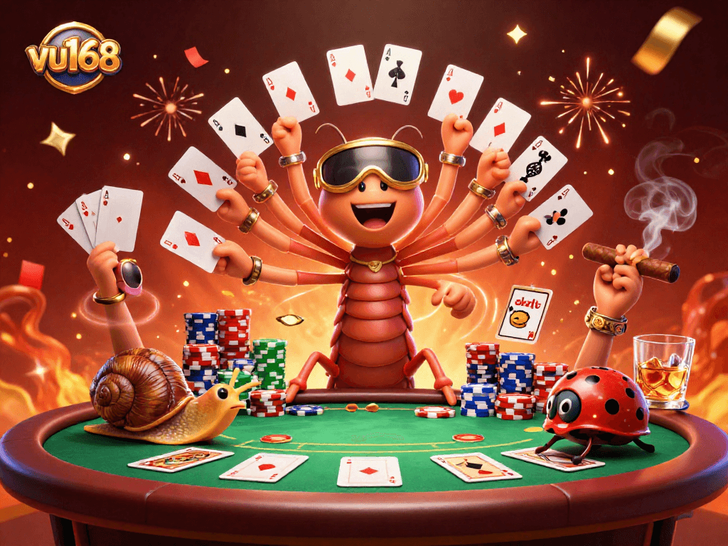 Engage with the thrilling action at vu168, featuring a cartoon casino showdown with vibrant characters and colorful chips.