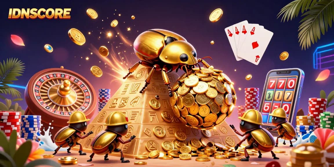 IDNSCORE brings excitement with golden coins and colorful elements in a vibrant online casino illustration.