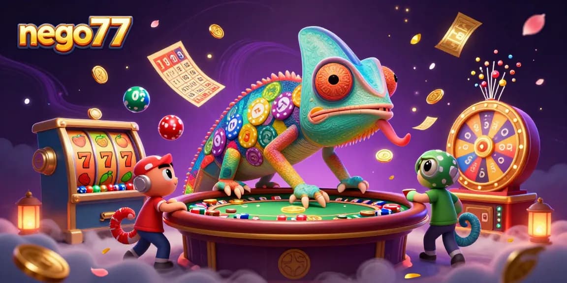 Experience winning at nego77 with a vibrant 3D casino scene filled with dynamic slot and lottery elements.