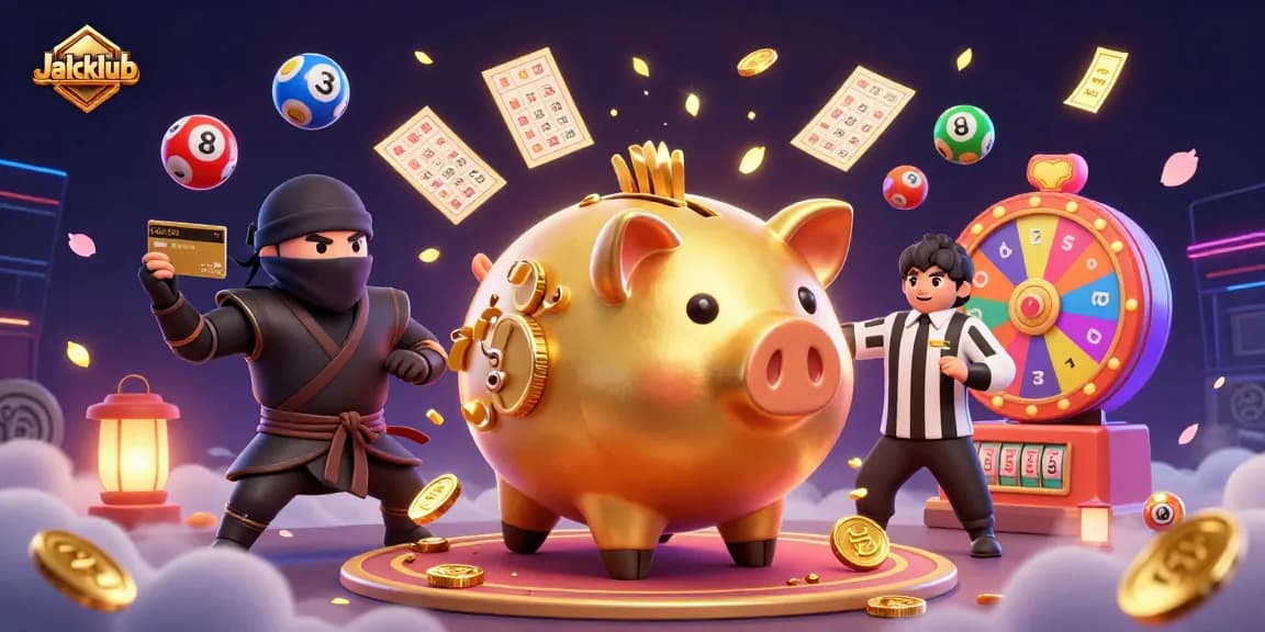 Engage with Jaiclub's thrilling lottery adventure featuring a golden piggy bank sumo wrestler and wallet-ninja.