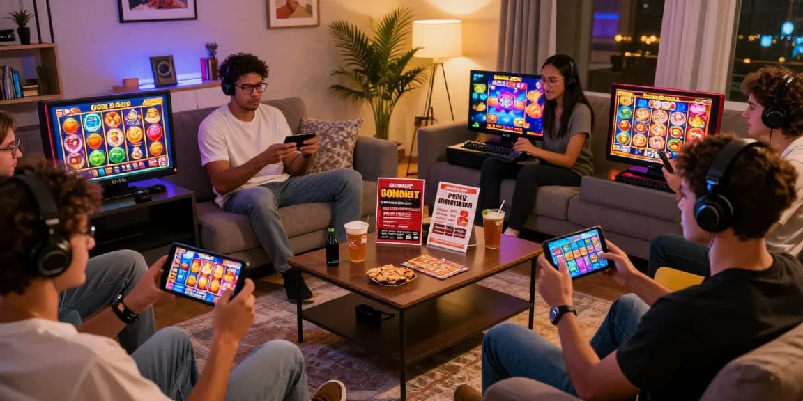 Players enjoying QQHOLIC SlotQQ games in a cozy living room with vibrant slot interfaces.