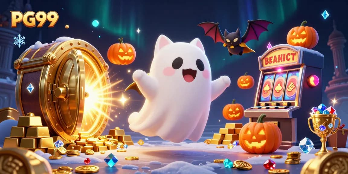Experience thrilling wins at PG99 with a friendly ghost cat exploring vibrant casino treasures.
