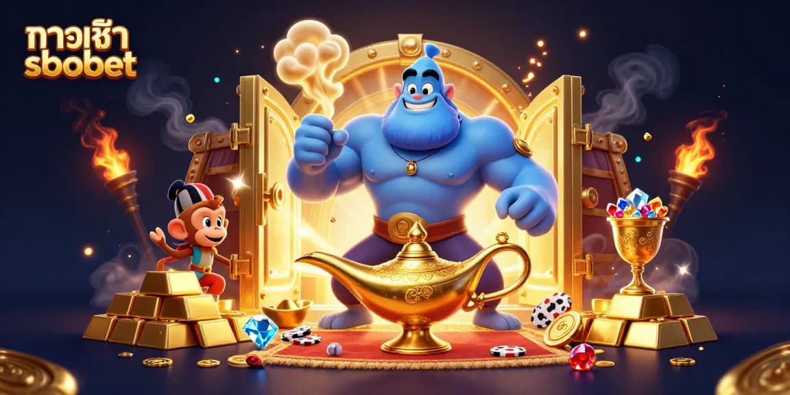 Bet and win with ทางเข้า sbobet featuring a blue genie, poker chips, and treasures