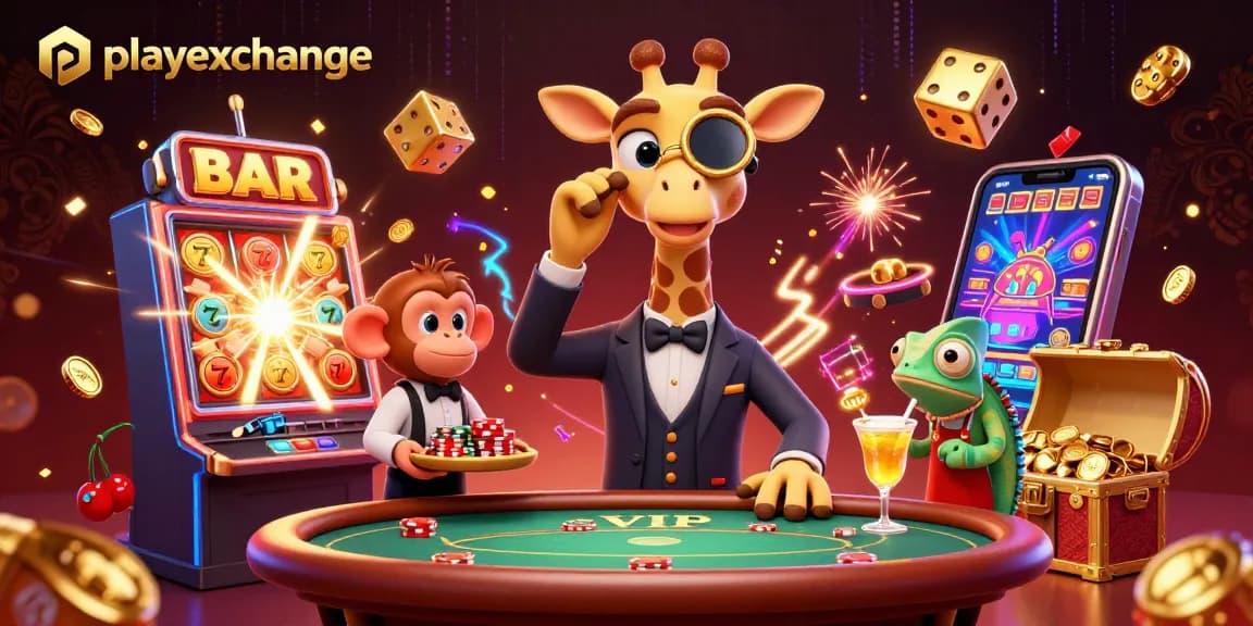 Join the excitement at playexchange with a glamorous giraffe, monkey, and chameleon amidst dynamic casino elements.