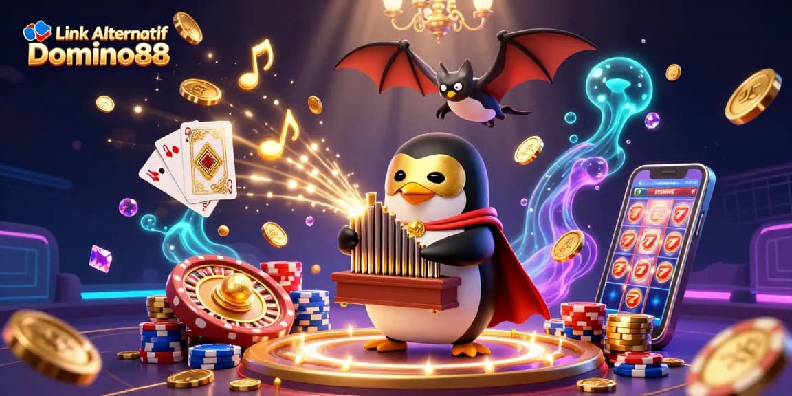 Experience gaming excitement with Link Alternatif Domino88, featuring dynamic characters and vibrant casino elements.