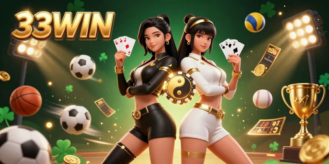 Engage in thrilling gameplay with 33WIN as twin Asian women showcase powerful card tactics within a vibrant casino scene.