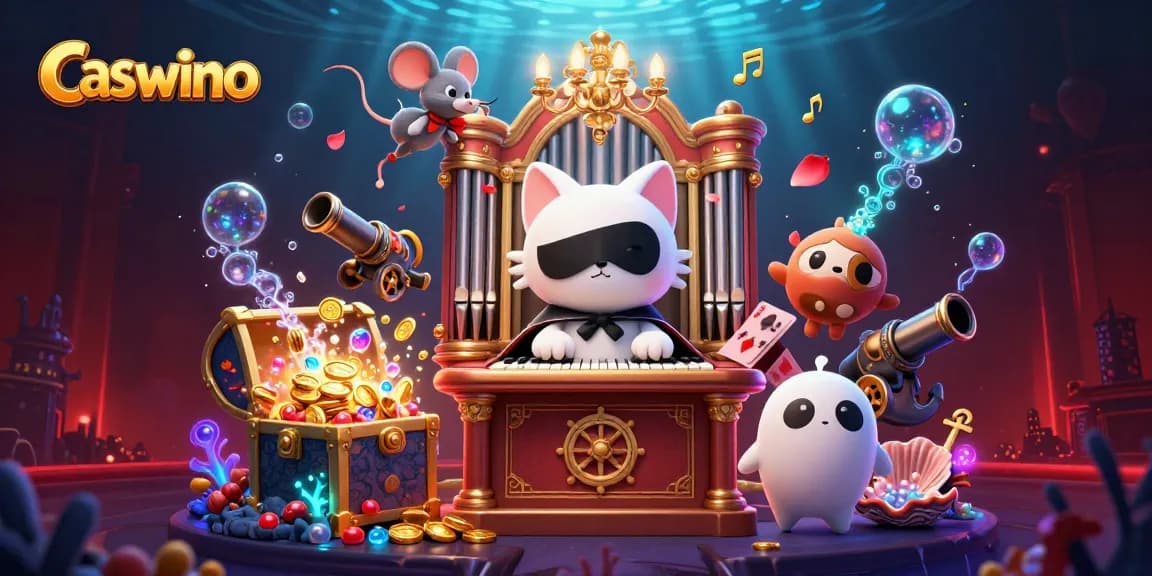 Caswino Casino's vibrant scene features a masked cat at a pipe organ with a mouse acrobat amid glowing treasures.