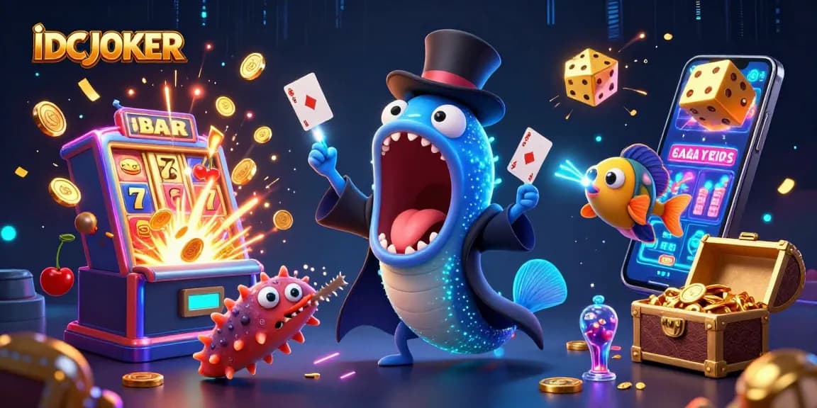 IDCJOKER shines with vibrant characters performing magic tricks over active slot machines bursting with rewards.