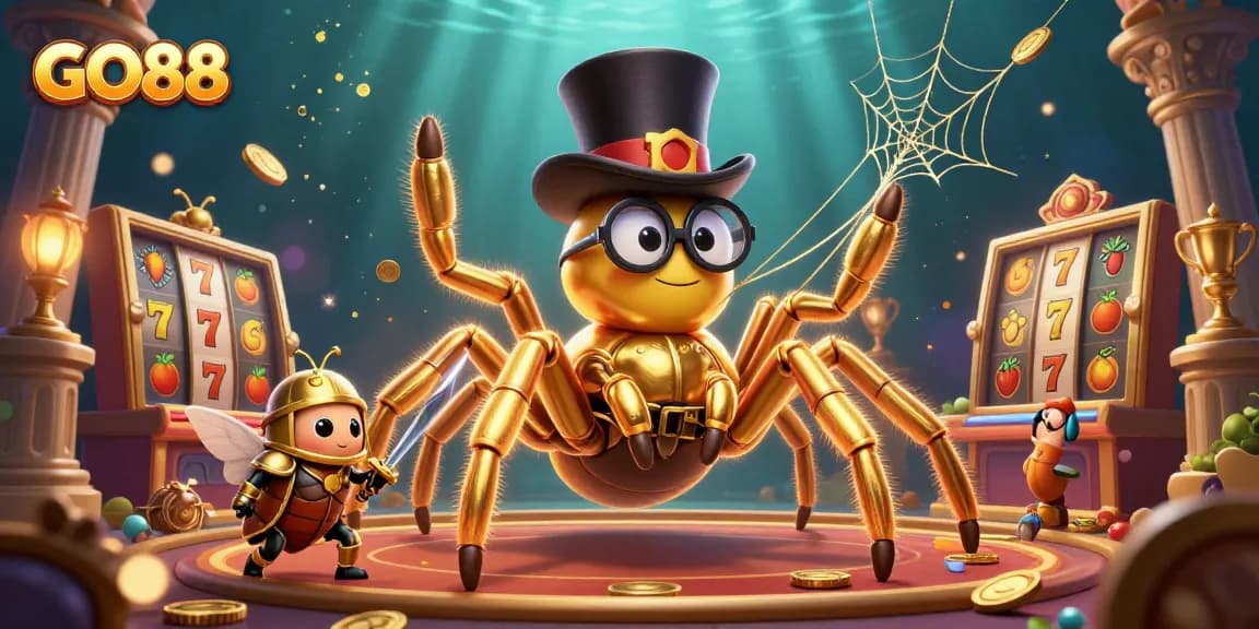 Enjoy exciting gameplay at GO88 as a golden tarantula weaves golden threads in a vibrant casino scene.