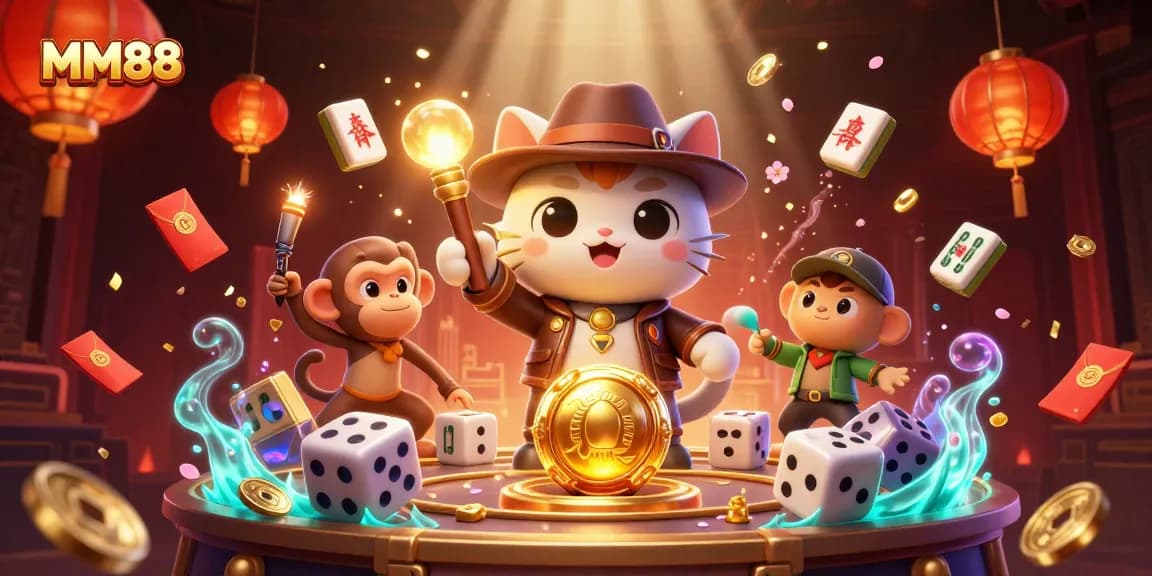 Engage with MM88's thrilling casino adventure featuring an explorer cat and vibrant artifacts.