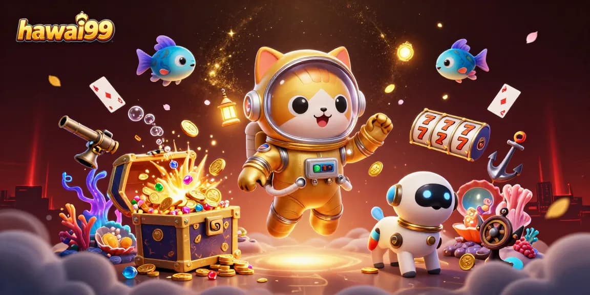 Launch into fun with hawai99's gaming adventure featuring vibrant slot reels and treasure chests