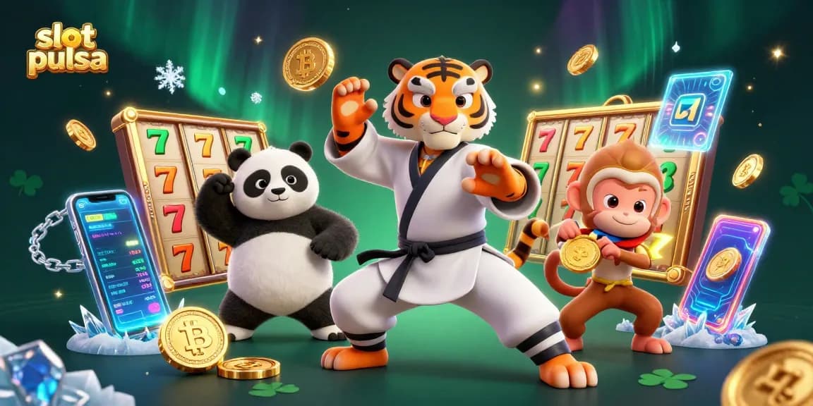 Play exciting slot pulsa games with vibrant 3D characters and casino elements in a rich illustration.