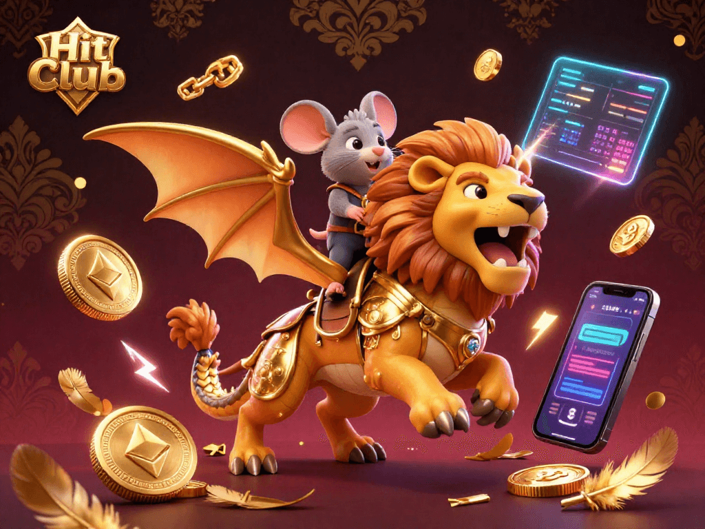 Engage with the Hit club scene featuring a chimera in golden armor and digital gaming elements highlighting cryptocurrency.
