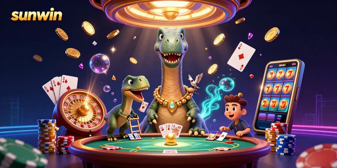 Experience thrilling gameplay at sunwin with a whimsical 3D casino scene featuring a brontosaurus and raptor.