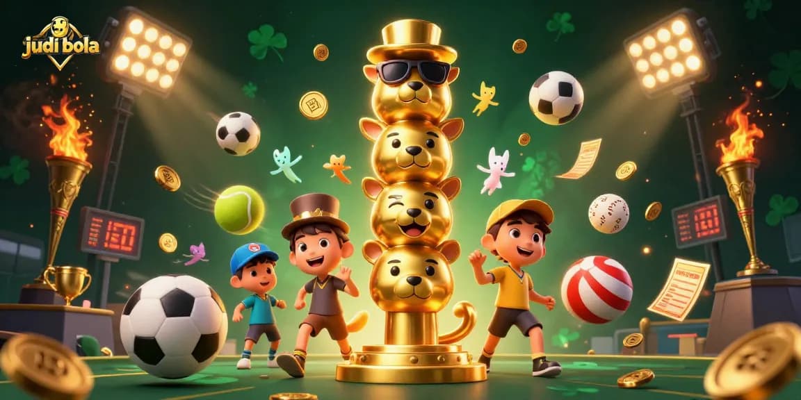 Engage in judi bola action with a vibrant illustration of sports betting excitement, featuring trophies and dynamic elements.