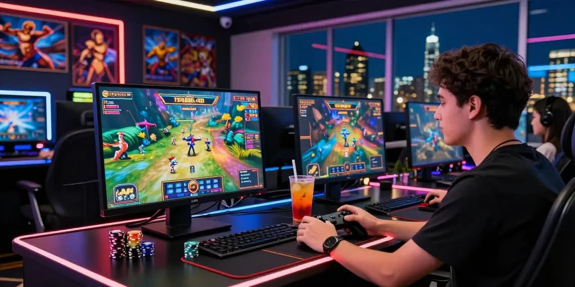Seorang pemain terjun4d menikmati permainan di stasiun gaming modern dengan suasana energik.