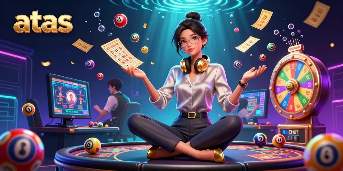 Engage in thrilling gaming at atas casino with an elegant Asian woman in a dynamic 3D casino illustration.