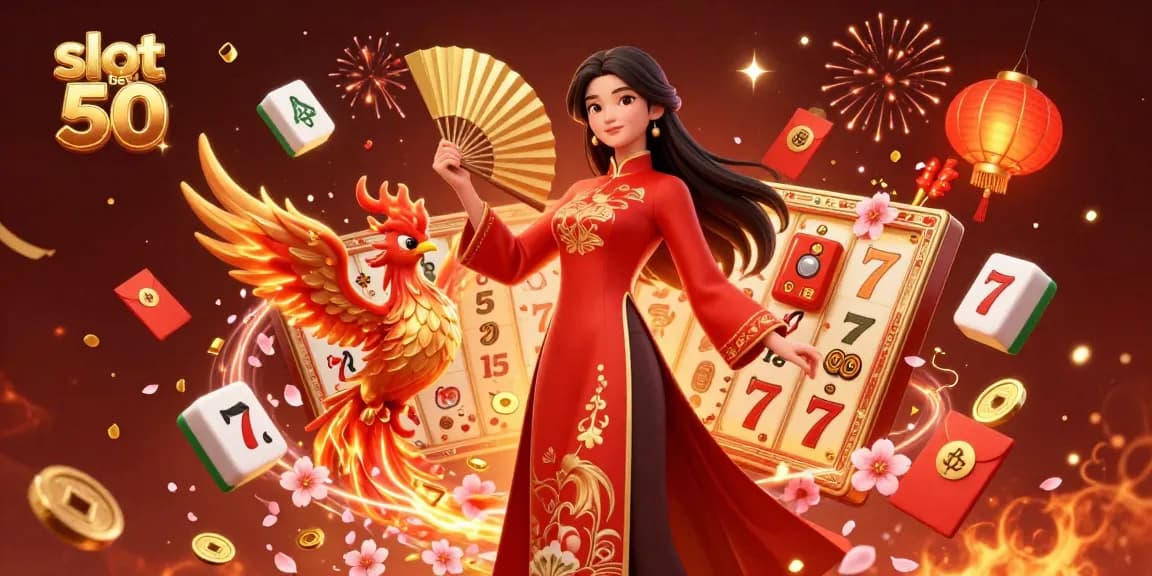 Experience thrilling slot bet 50 excitement with a vibrant 3D casino scene featuring a stunning woman and a phoenix.