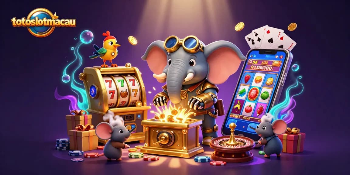 Spin the reels on totoslotmacau with a steampunk elephant and golden slot machines in a vibrant, magical scene.