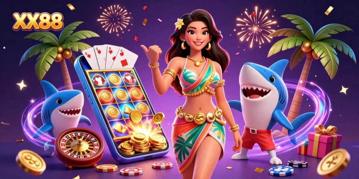 Spin the reels at XX88 with a tropical goddess and a surfer shark celebrating wins!