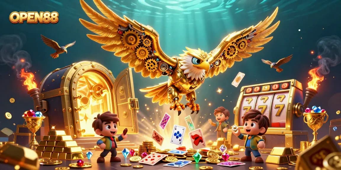 Experience big wins with OPEN88's animated golden eagle soaring through shimmering symbols and treasures.