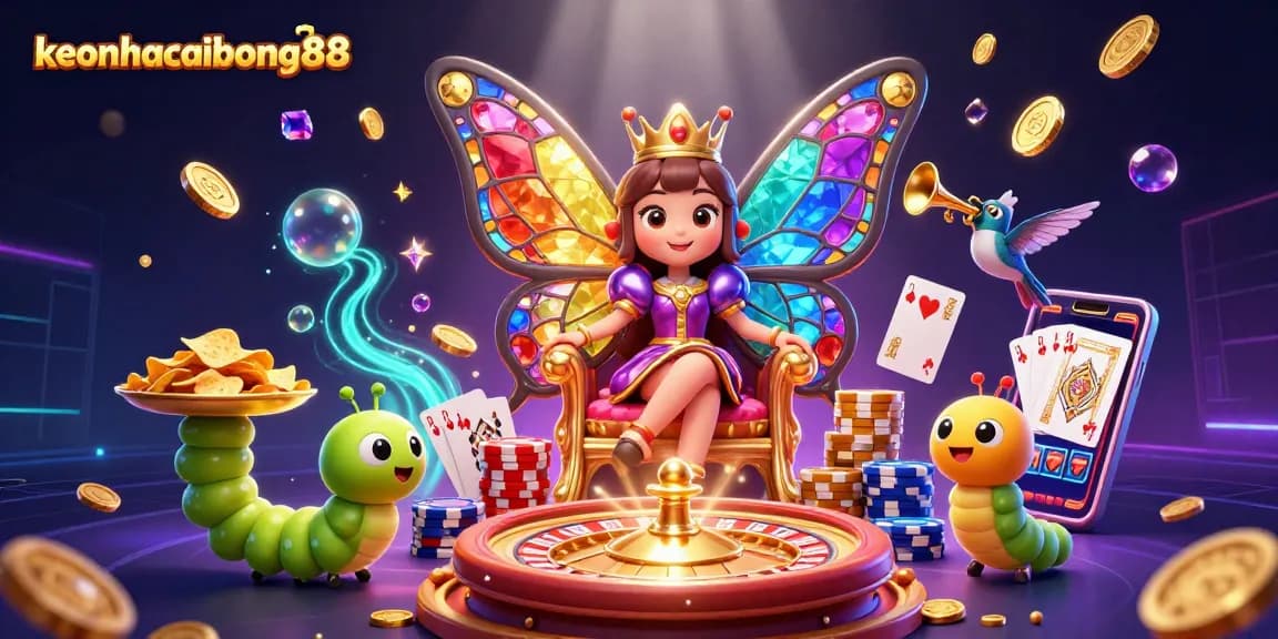 Engage with keonhacaibong88's vibrant casino scene featuring a butterfly queen, gold chips, and rolling roulette.