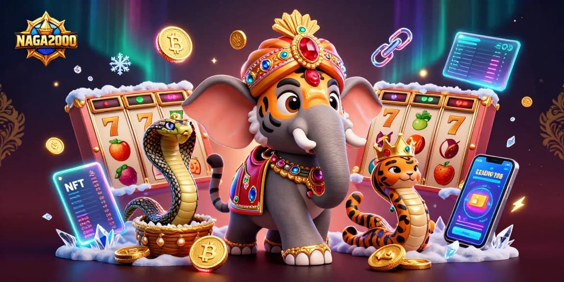 NAGA2000 menonjolkan permainan slot yang menarik dengan ilustrasi 3D yang hidup menampilkan seekor harimau maharaja dan seekor gajah.