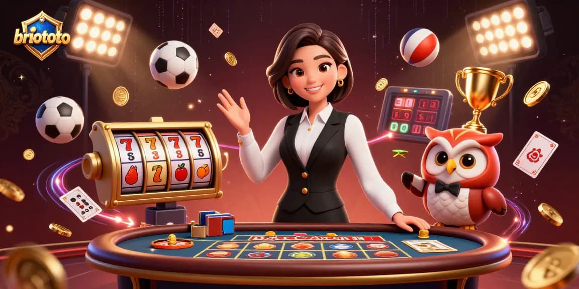 Briototo celebrates with vibrant slot and baccarat scene featuring Asian dealer and owl assistant.