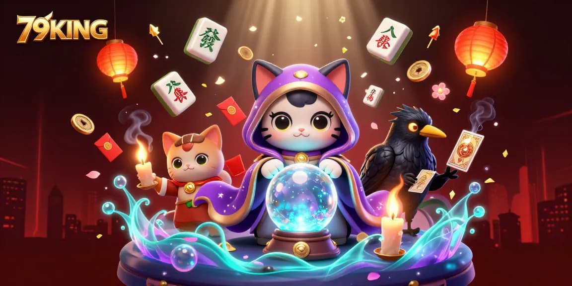 79KING enchanted casino illustration showcasing a mystic cat and a raven amidst vibrant game elements.