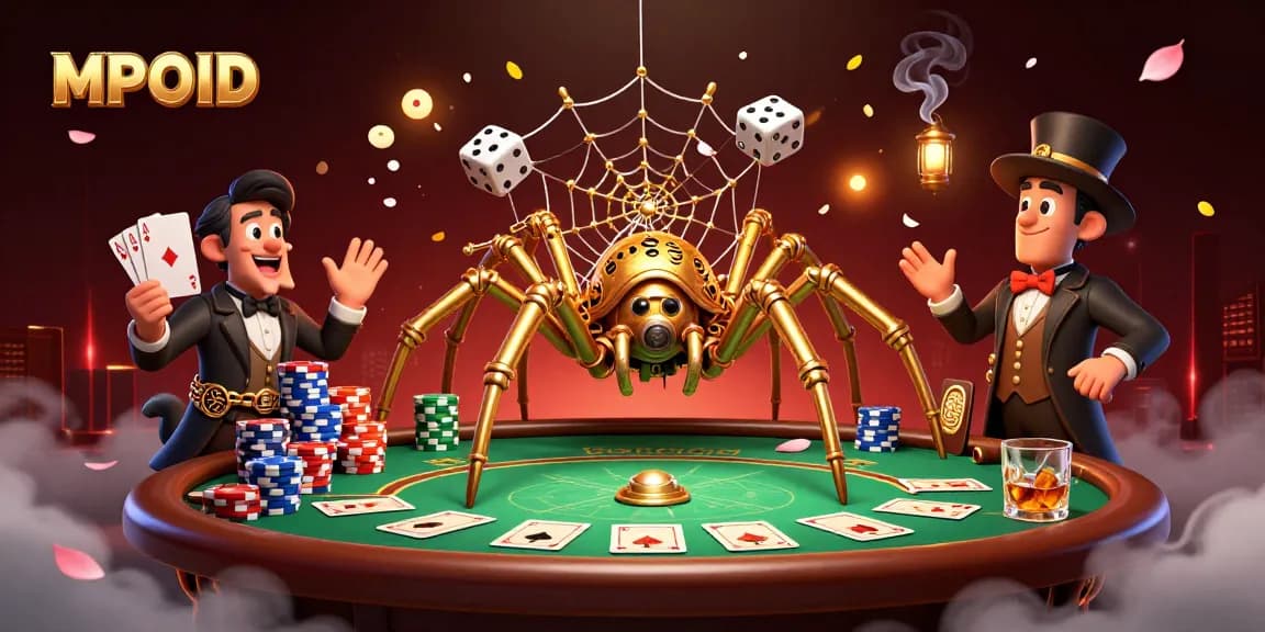 MPOID engages players with a colorful 3D casino world featuring a golden spider and poker elements.