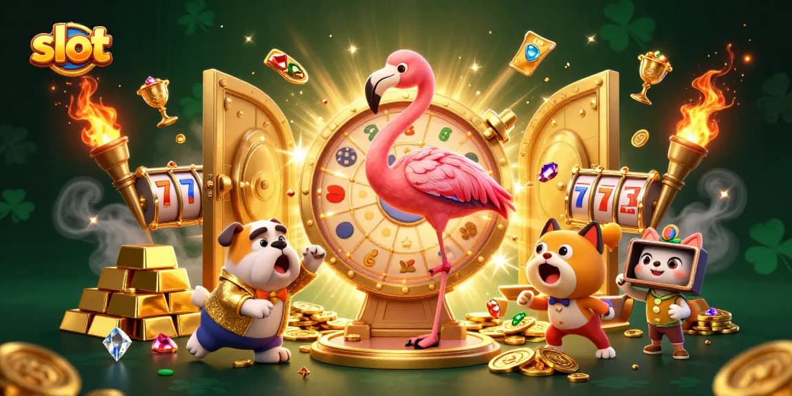 Spin the reels with thrilling gameplay at the slot extravaganza illustrated with gold and gems.