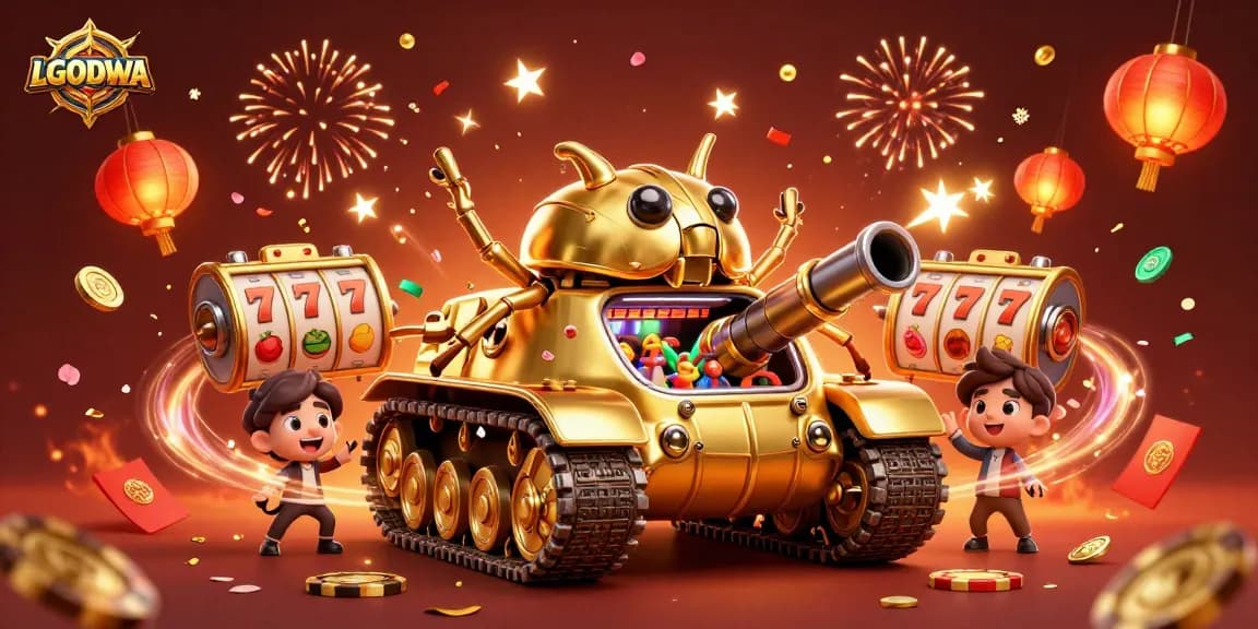 Engage with LGODEWA's exciting slot experience in a vibrant casino-themed illustration.
