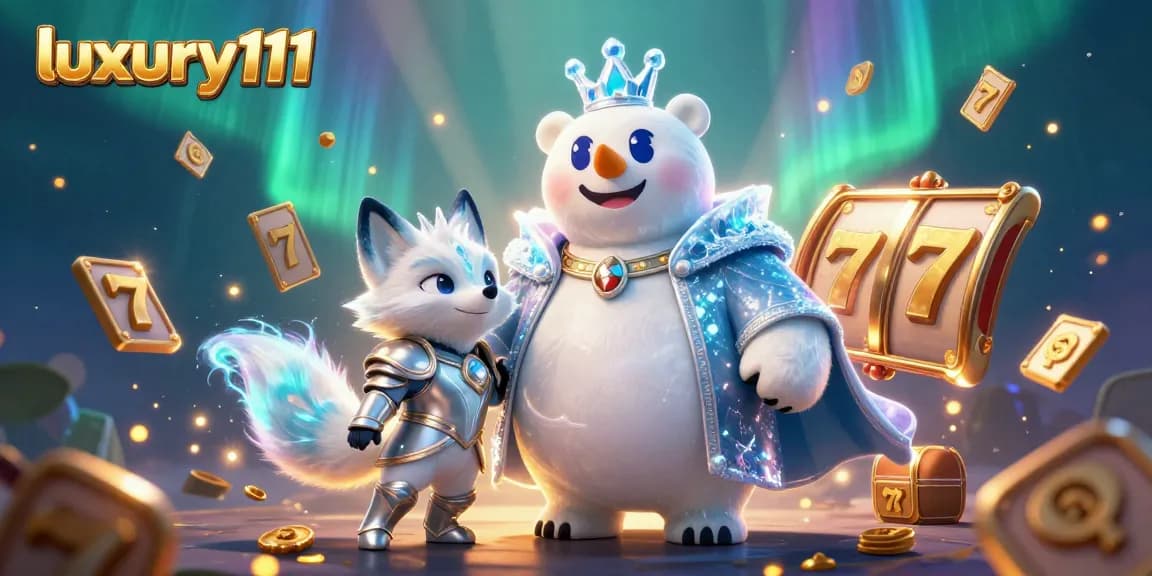 Experience exciting gameplay with luxury111 in this 3D illustration showcasing a polar bear and snow fox amidst slot reels and jackpots.