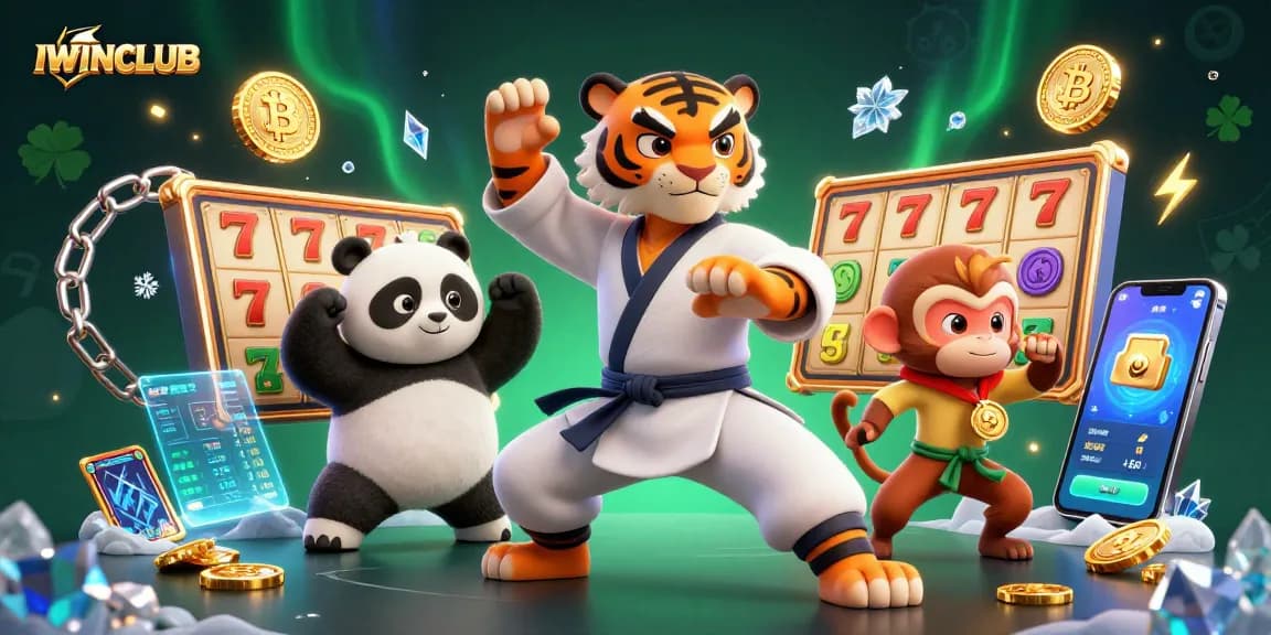 IWINCLUB offers an exciting casino experience with a dynamic scene of playful characters and vibrant slot games