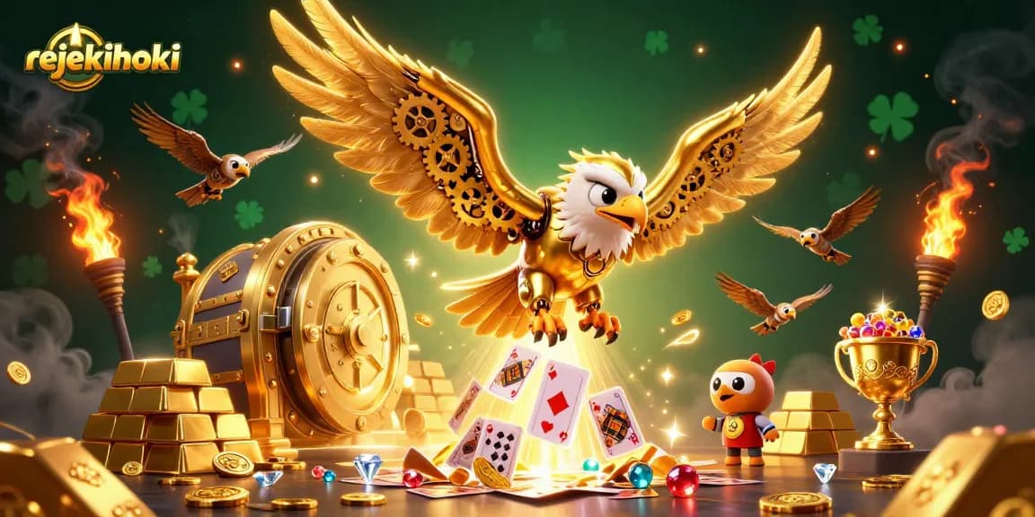 Experience the thrill of rejekihoki in a dynamic 3D casino scene with golden treasures and holographic cards.