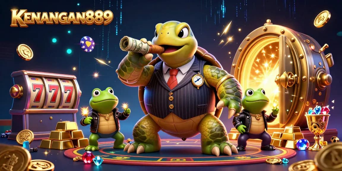 KENANGAN889 illuminates thrilling slot experiences with a lively casino scene featuring unique characters.