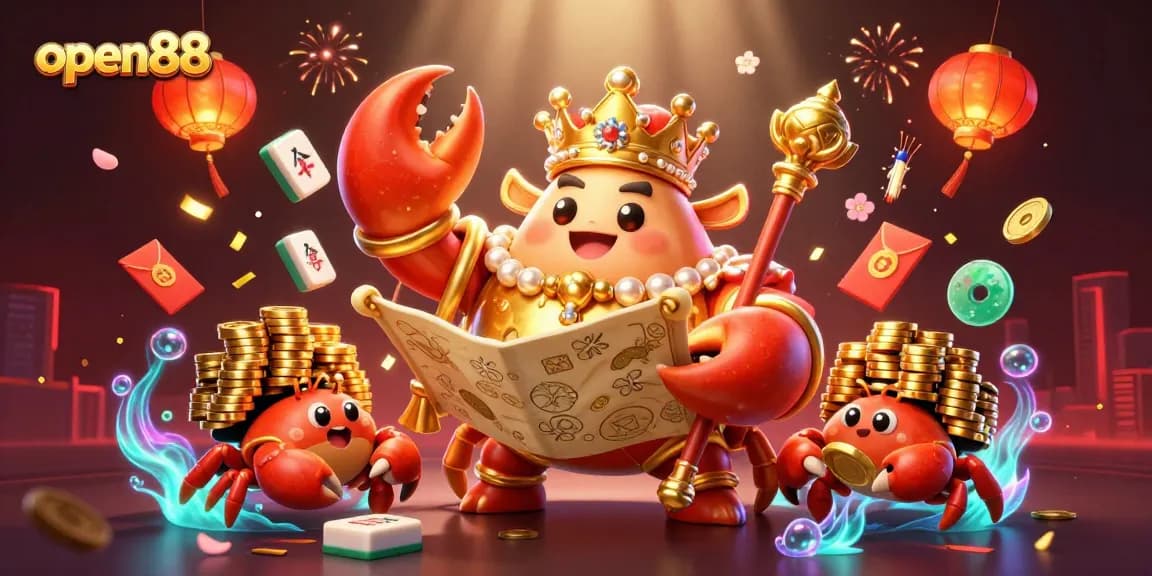 open88 captivates with a royal crab emperor leading a vibrant casino adventure