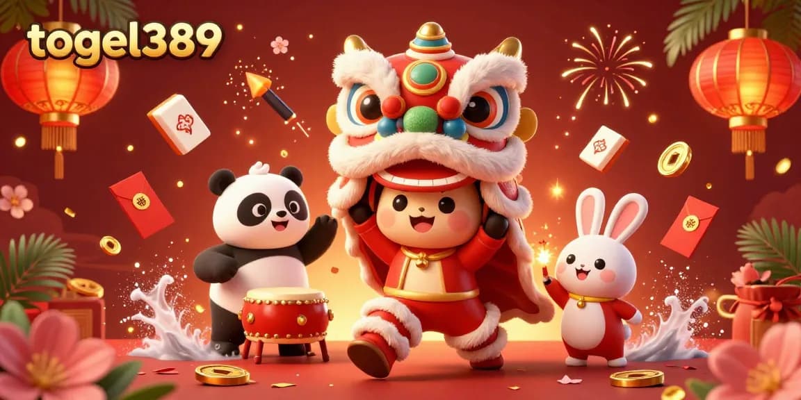 Engage in the excitement of togel389 with a dynamic 3D illustration featuring a festive lion dance and vibrant casino elements.