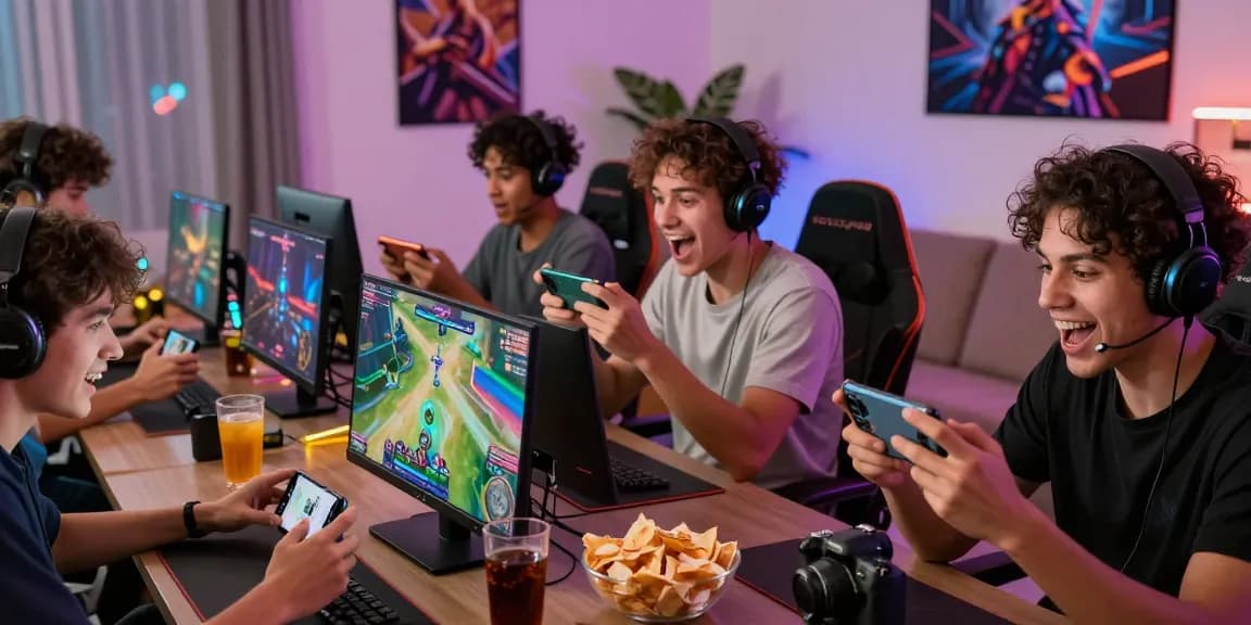 Friends enjoying a thrilling online earning game on smartphones in a vibrant living room.