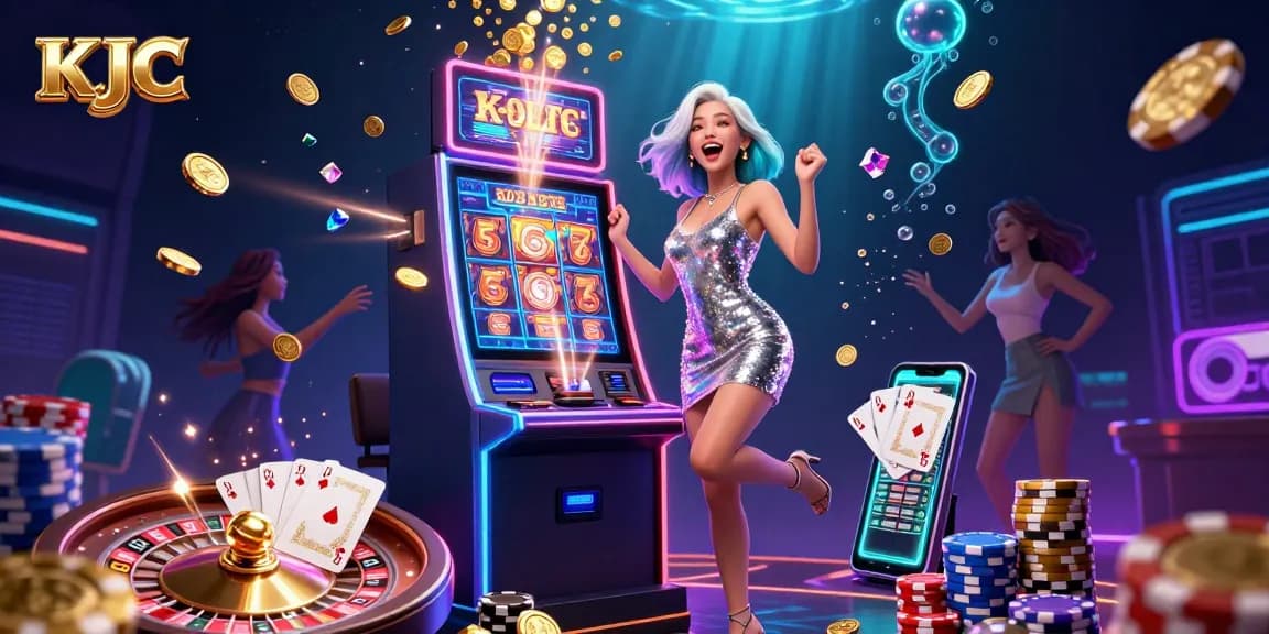 KJC celebrates with a beautiful Asian woman near a jackpot-winning slot machine, surrounded by golden casino elements.