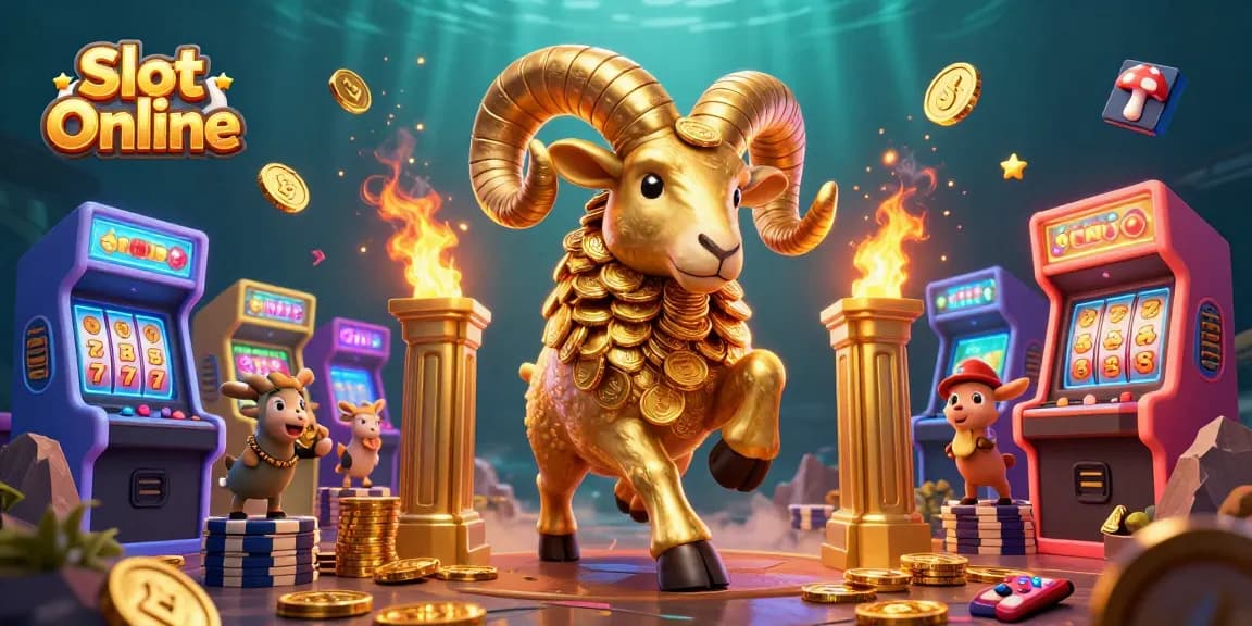 Engage in Slot Online gameplay with vibrant 3D casino elements and golden ram symbols.