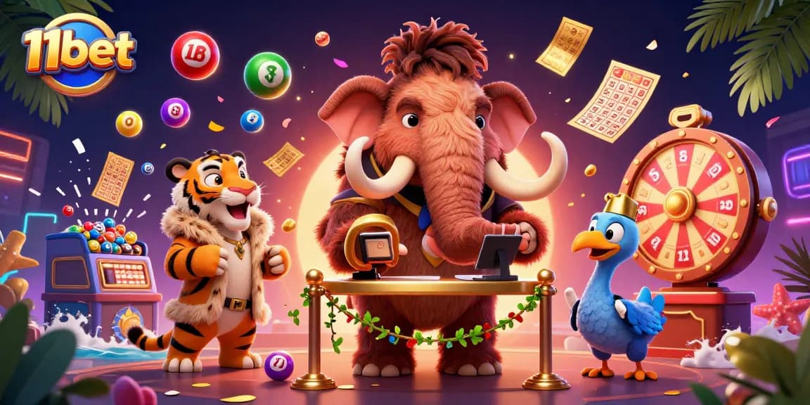 Engage in thrilling lottery action with 11bet as a woolly mammoth bouncer welcomes VIPs to a vibrant casino scene.