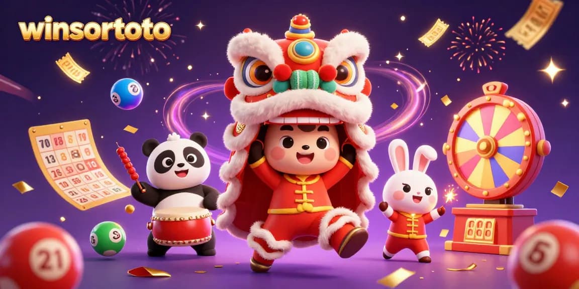 winsortoto captures vibrant energy with a lion dance, drumming panda, and lottery elements for thrilling fun.