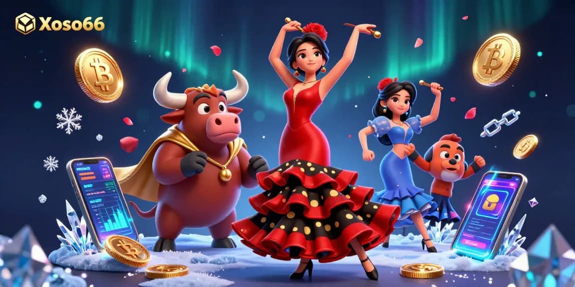 Xoso66 brings an immersive experience with a captivating woman in flamenco dress and a bull amidst vibrant casino elements.