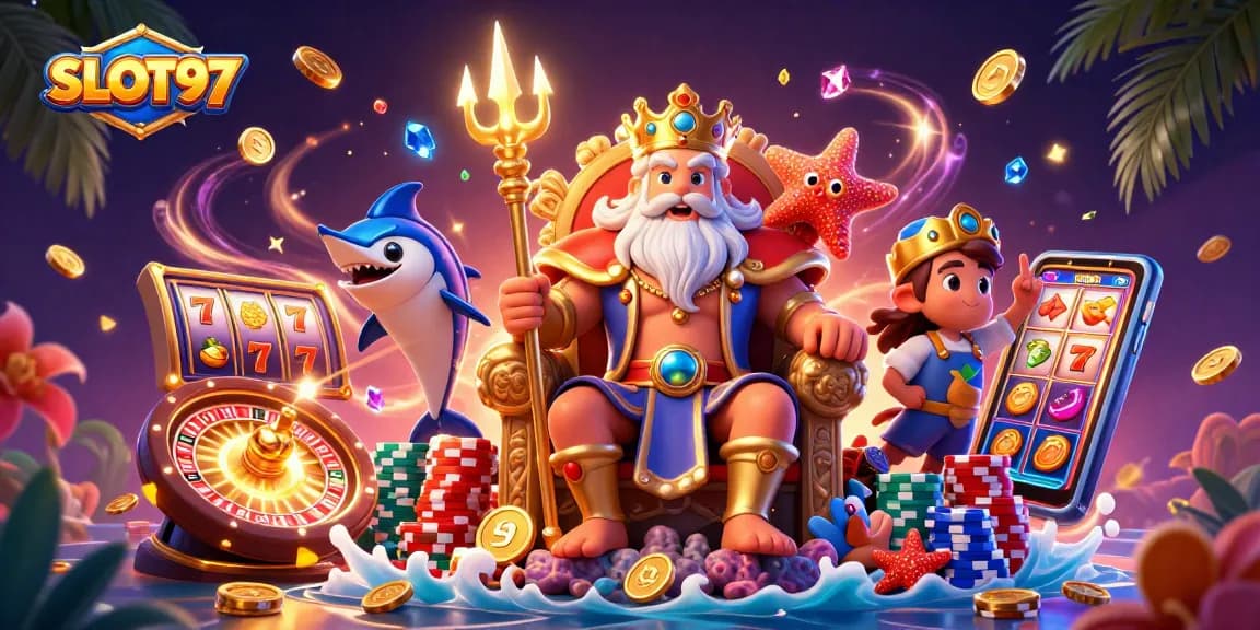 SLOT97 offers an engaging depiction of Neptune and characters amidst lively slot elements, showcasing the excitement of winning.