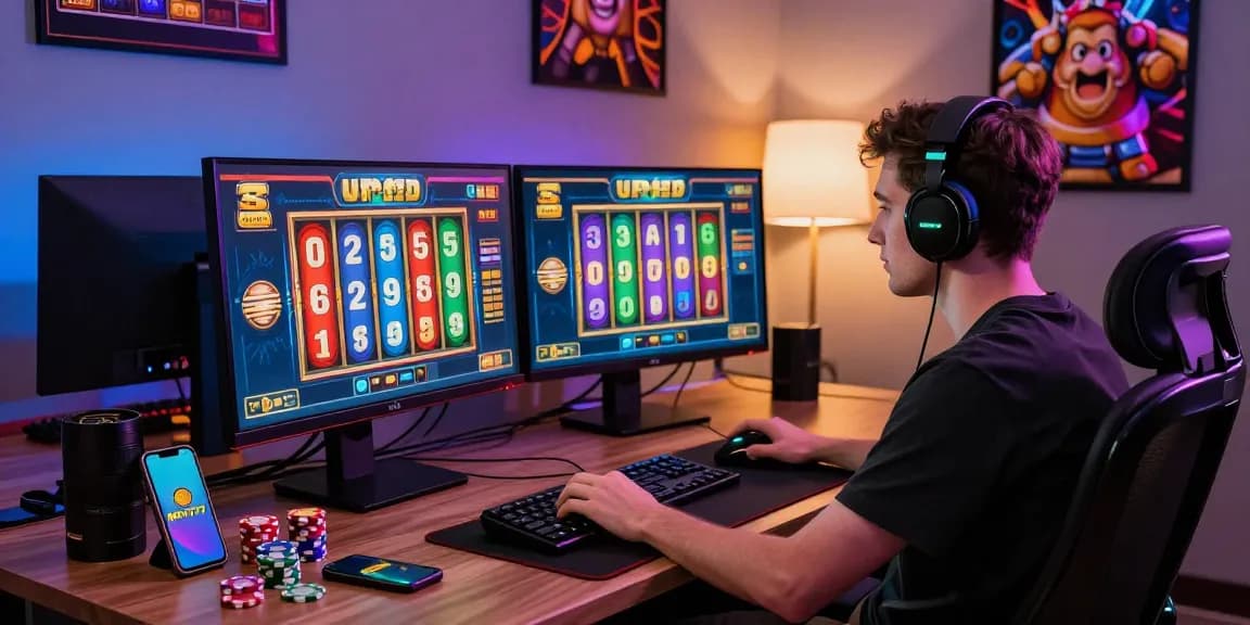MPO777 login scene featuring an intense player focused on spinning online slots with vibrant graphics on dual monitors.