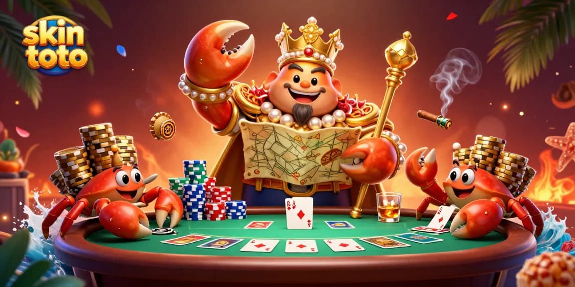 Permainan skin toto dengan kepiting emas besar memegang peta harta dan chip emas berserakan